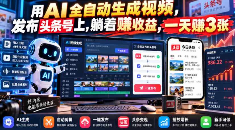 用AI全自动生成视频，发布头条号上，躺着賺收益，一天賺3张