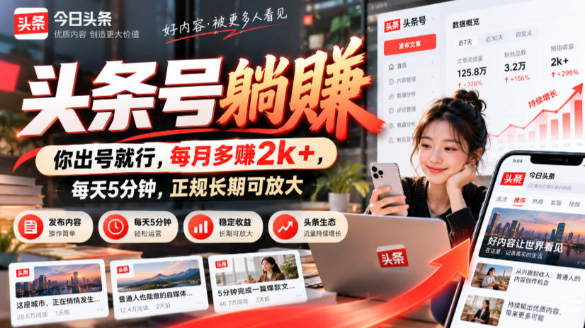 头条号躺賺，你出号就行，每月多賺2k+，每天5分钟，正规长期可放大