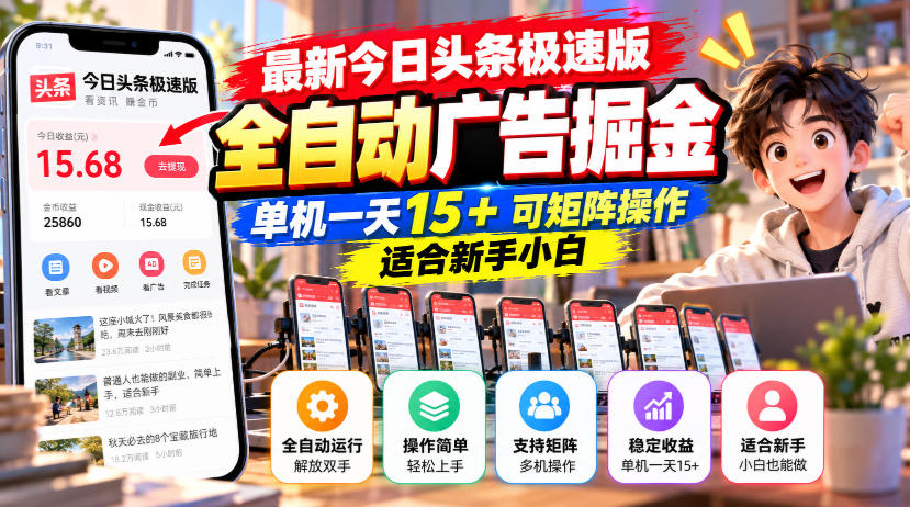 今日头条极速版自动任务：脚本免卡密，单机一天 15+